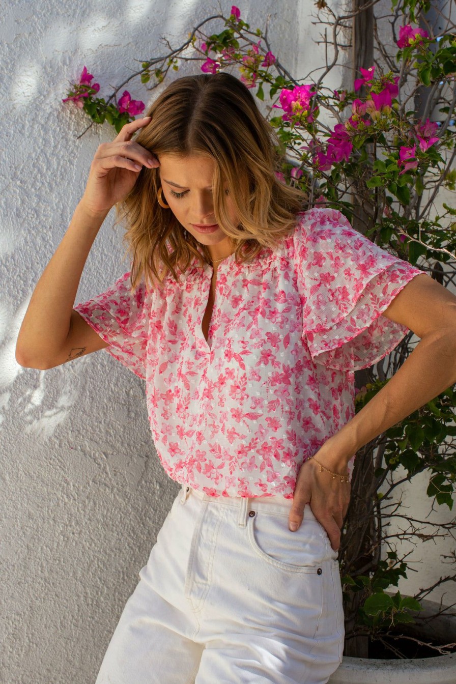 Clothing Skies Are Blue | Skies Are Blue Sweet Floral Ruffled Top New In Clothing White-Pink