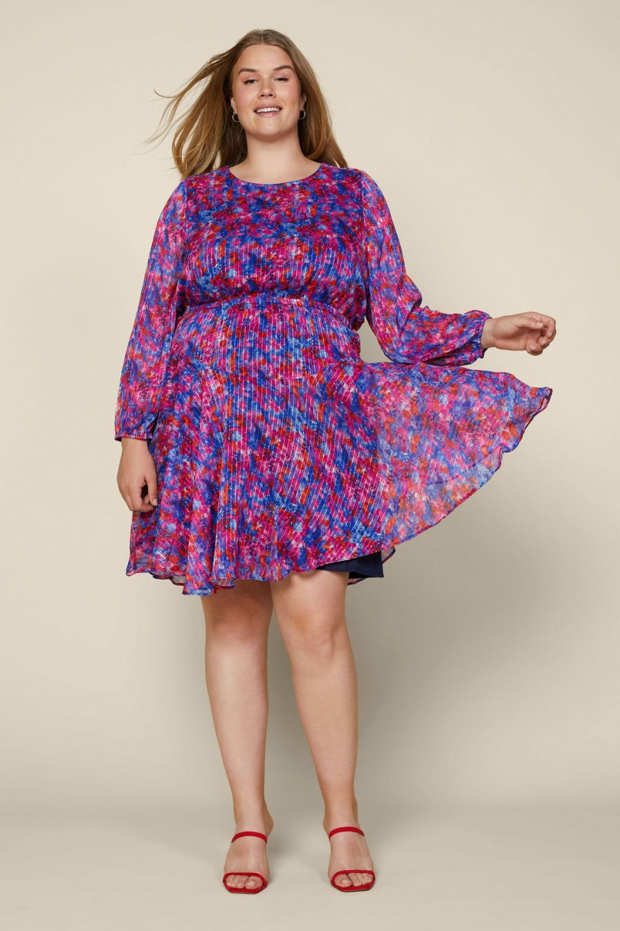 Plus Size Skies Are Blue | Skies Are Blue Plus Size Multicolor Flowy Mini Dress Clothing Cobalt-Hot Pink