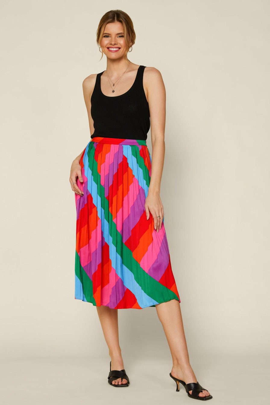 Clothing Skies Are Blue | Skies Are Blue Skirts Multicolor Pleated Midi Skirt Rainbow Stripe