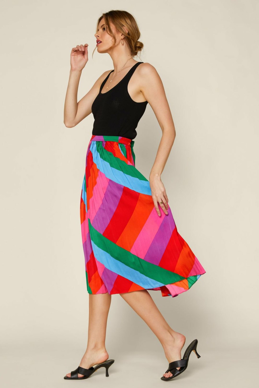 Clothing Skies Are Blue | Skies Are Blue Skirts Multicolor Pleated Midi Skirt Rainbow Stripe