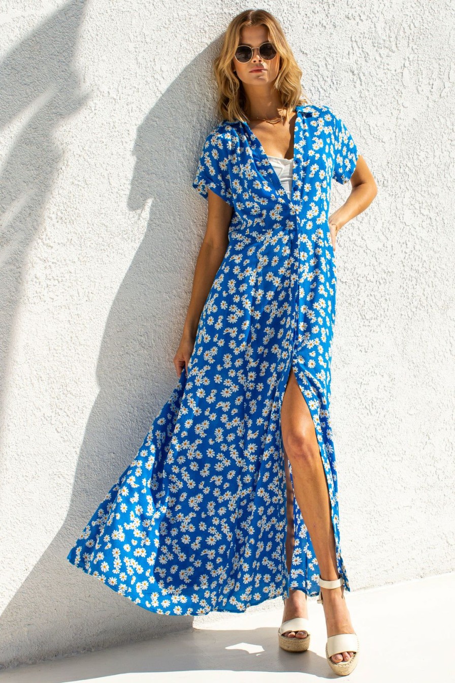 Clothing Skies Are Blue | Skies Are Blue New In Clothing Floral Print Maxi Shirt Dress Blue Floral