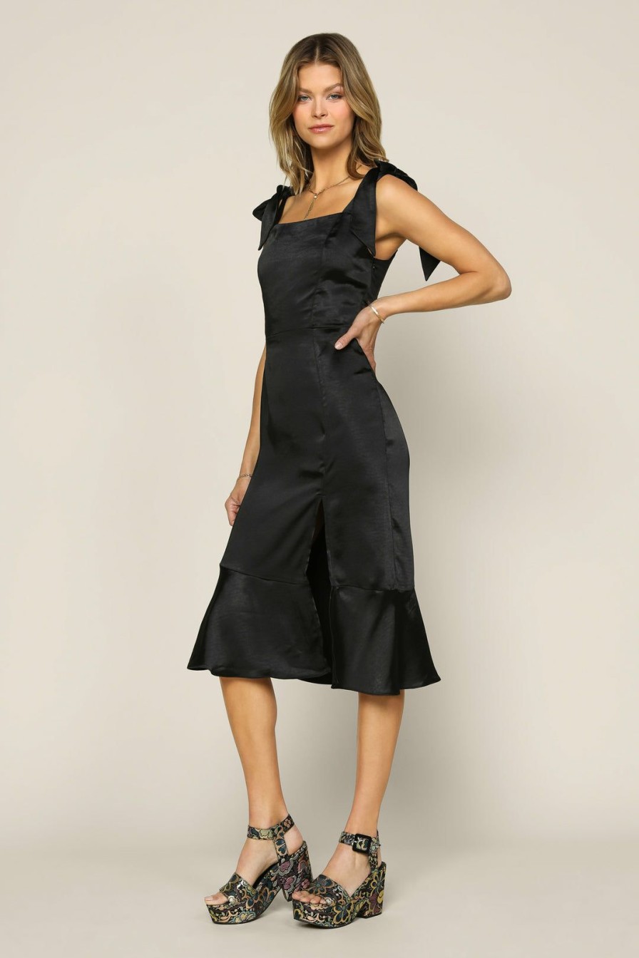 Clothing Skies Are Blue | Skies Are Blue Satin Shoulder Tie Midi Dress Black