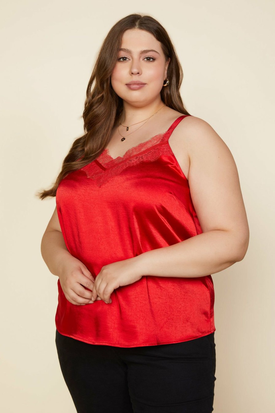 Plus Size Skies Are Blue | Skies Are Blue Plus Size Satin Lace Trimmed Cami Fiery Red