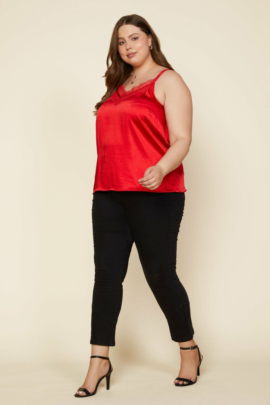 Plus Size Skies Are Blue | Skies Are Blue Plus Size Satin Lace Trimmed Cami Fiery Red