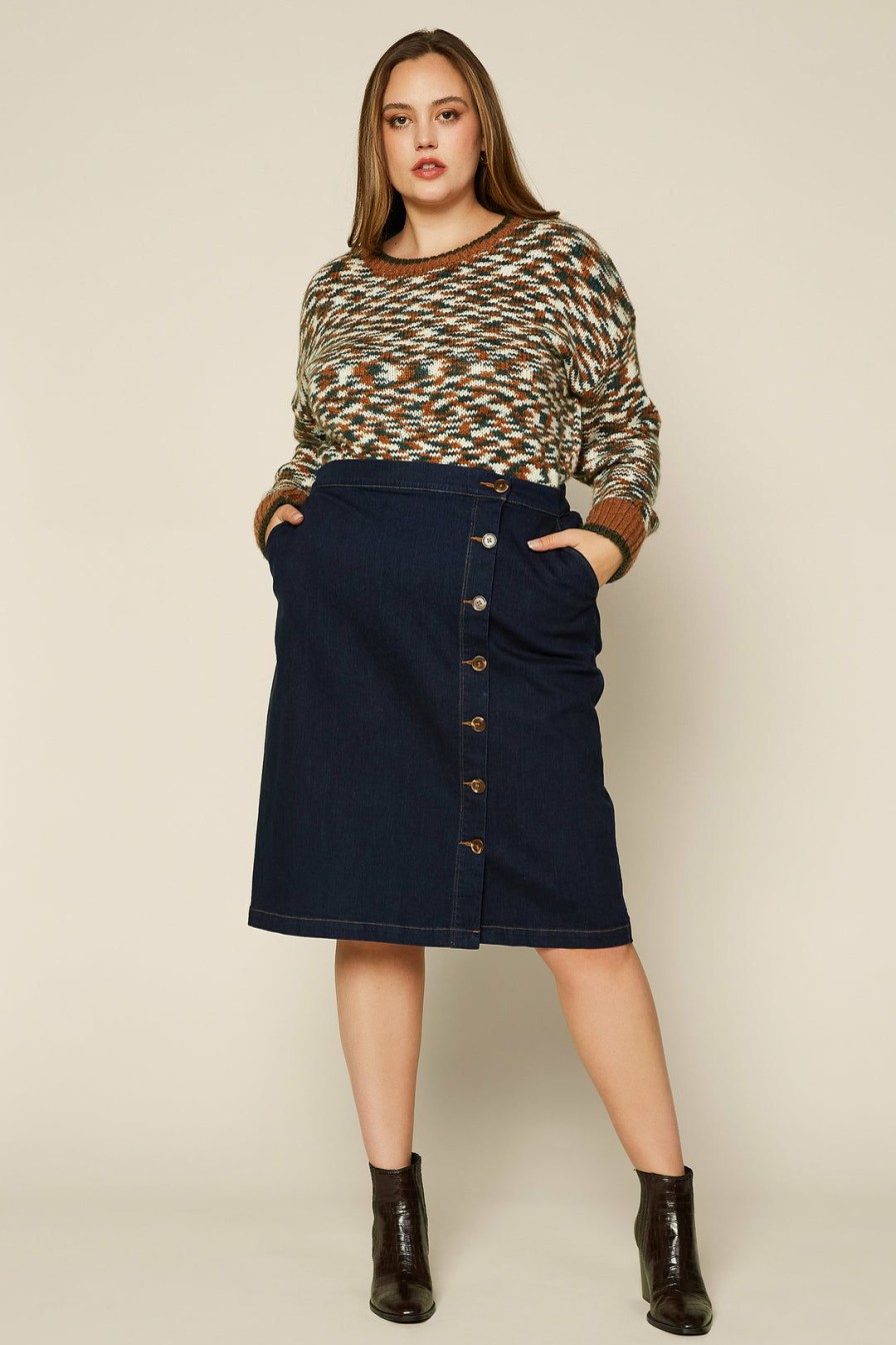 Plus Size Skies Are Blue | Skies Are Blue Clothing Plus Size Button Denim Midi Skirt Dark Denim