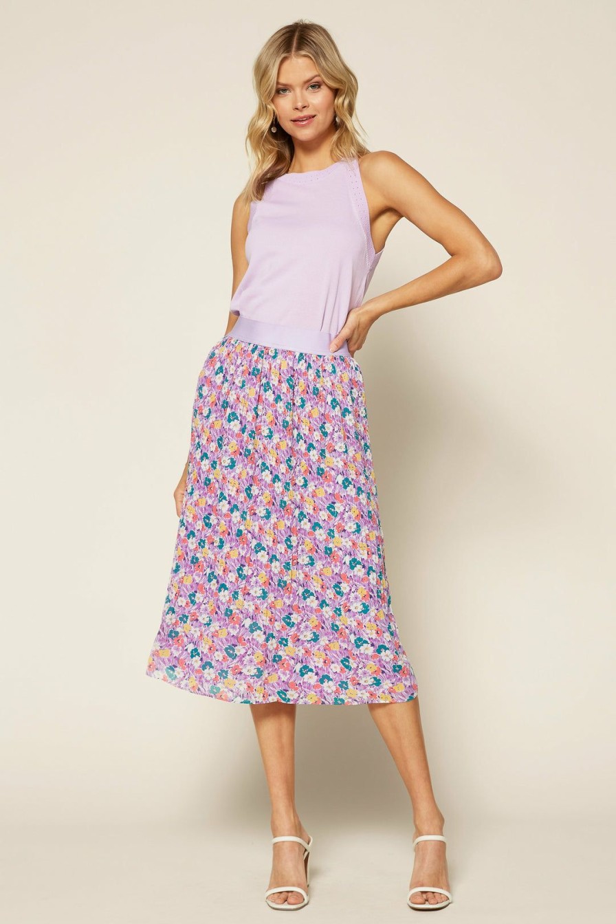 Clothing Skies Are Blue | Skies Are Blue Floral Pleated Midi Skirt Lavender Floral