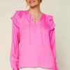 Clothing Skies Are Blue | Skies Are Blue Tops Adele Ruffled Split Neck Top Pink Bubblegum