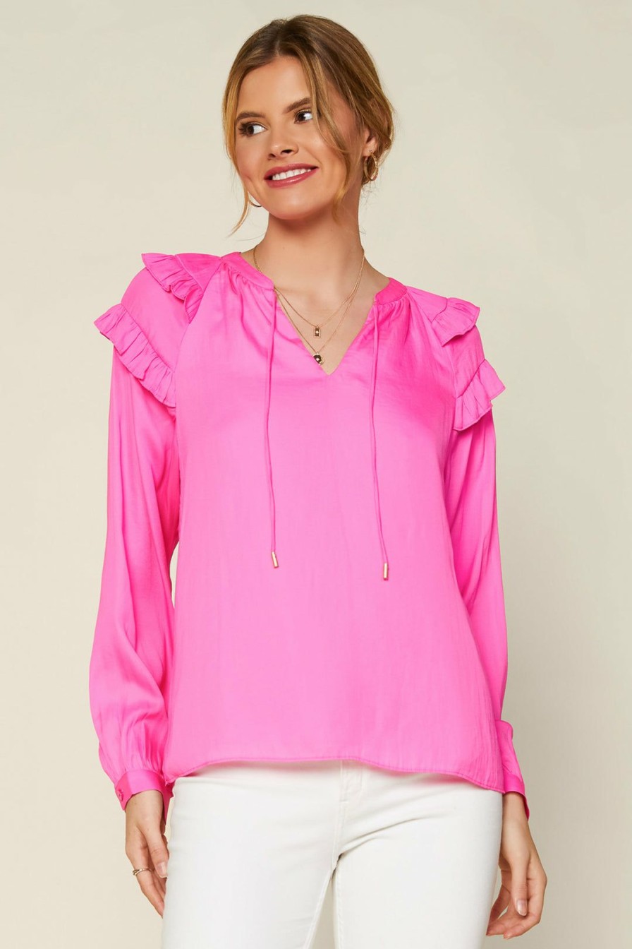 Clothing Skies Are Blue | Skies Are Blue Tops Adele Ruffled Split Neck Top Pink Bubblegum