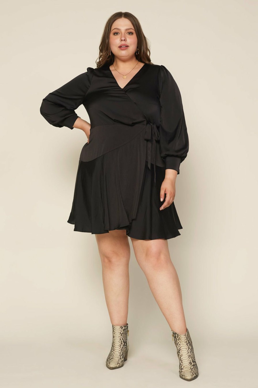 Plus Size Skies Are Blue | Skies Are Blue Plus Size Surplice Wrap Mini Dress Black