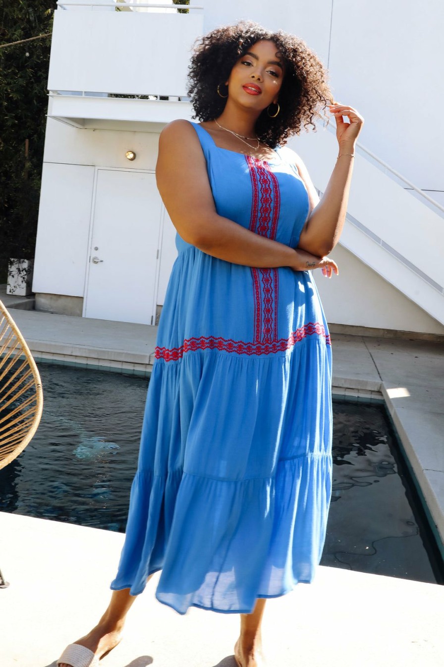 Plus Size Skies Are Blue | Skies Are Blue Plus Size Finley Embroidered Midi Dress Clothing Ocean Blue-Red