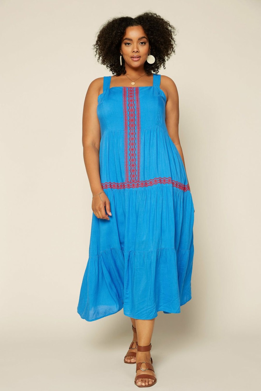 Plus Size Skies Are Blue | Skies Are Blue Plus Size Finley Embroidered Midi Dress Clothing Ocean Blue-Red