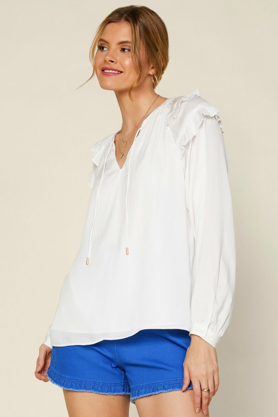 Clothing Skies Are Blue | Skies Are Blue Adele Ruffled Split Neck Top Tops Off White