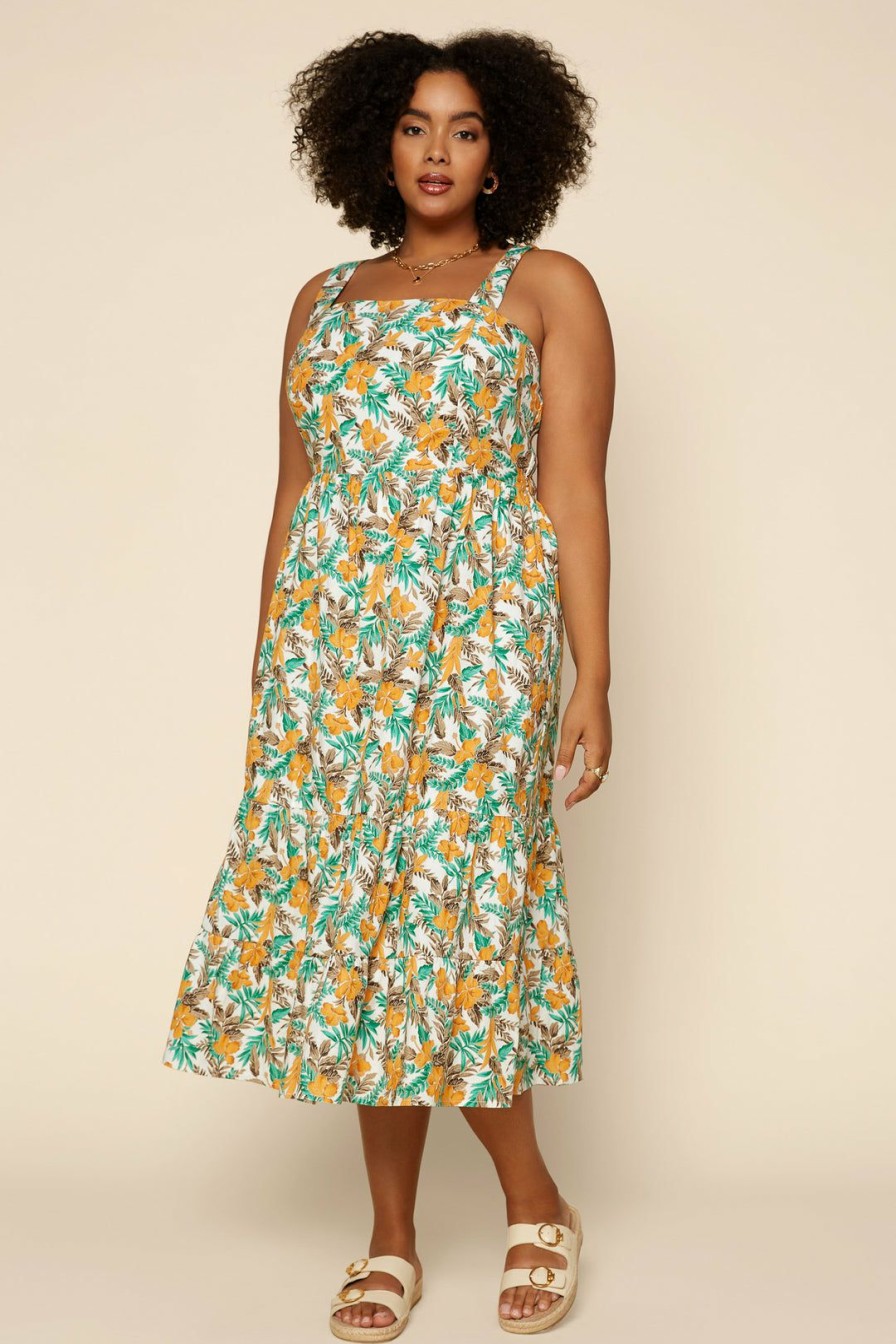 Plus Size Skies Are Blue | Skies Are Blue Clothing Plus Size Tropical Tie Shoulder Dress Marigold-Teal