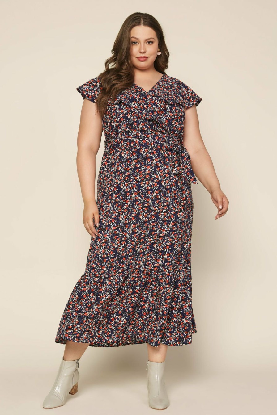 Plus Size Skies Are Blue | Skies Are Blue Plus Size Scarlett Floral Maxi Dress Navy-Rust Floral