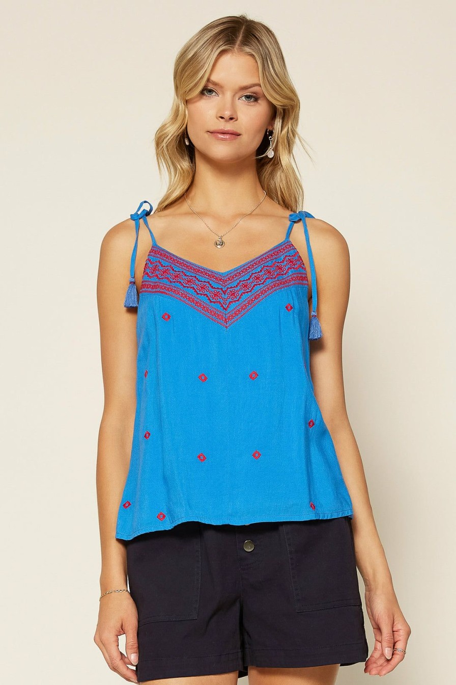 Clothing Skies Are Blue | Skies Are Blue Embroidered Tie Strap Cami Clothing Ocean Blue-Red