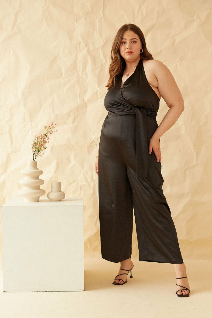 Clothing Skies Are Blue | Skies Are Blue Plus Size Satin Halter Jumpsuit New In Plus Size Black