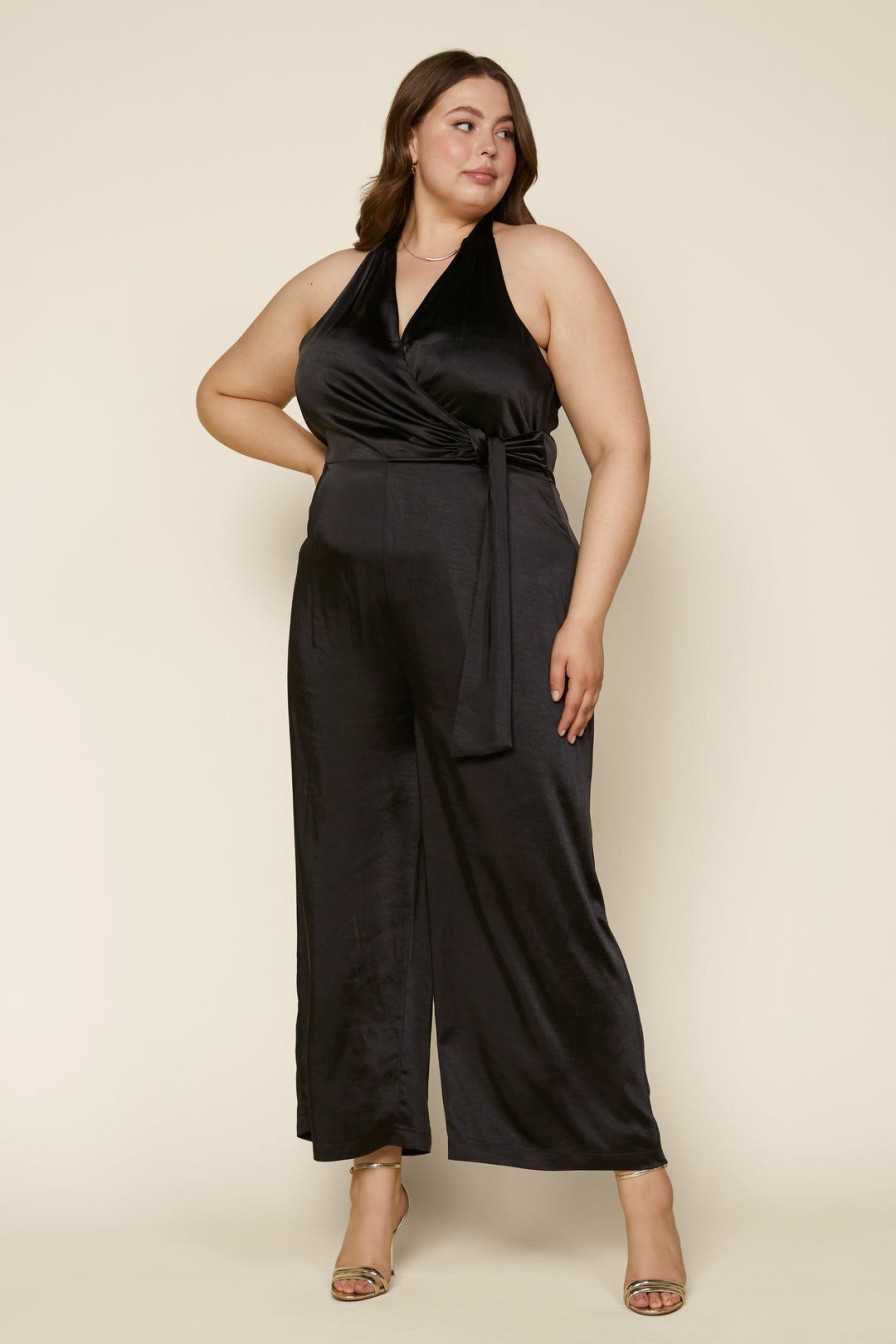 Clothing Skies Are Blue | Skies Are Blue Plus Size Satin Halter Jumpsuit New In Plus Size Black