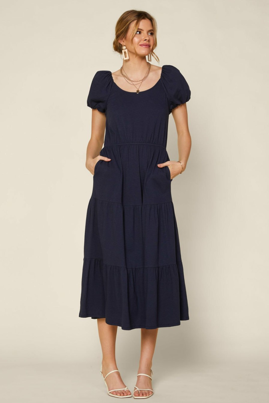 Clothing Skies Are Blue | Skies Are Blue New In Clothing Puff Sleeve Midi Dress Navy