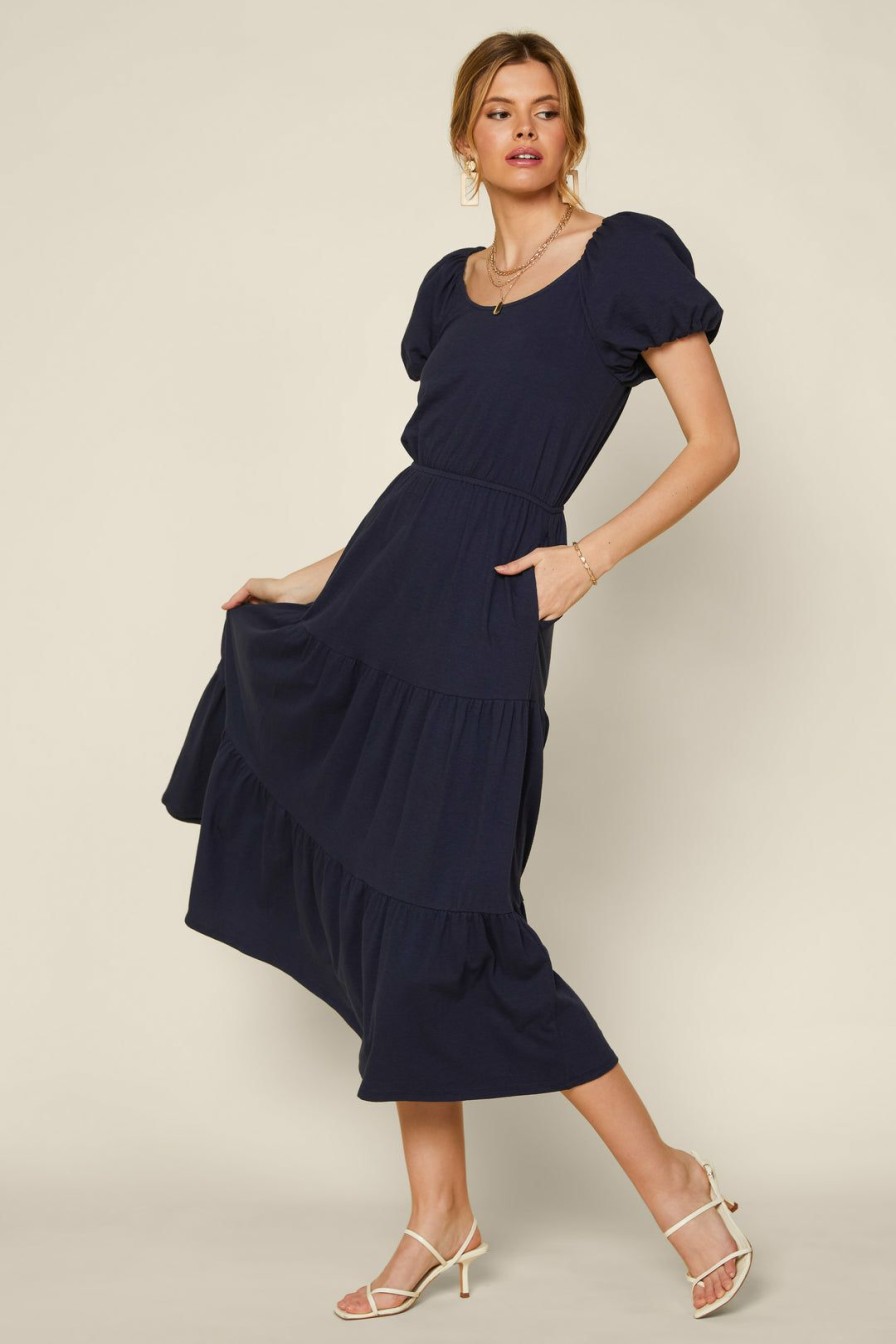 Clothing Skies Are Blue | Skies Are Blue New In Clothing Puff Sleeve Midi Dress Navy