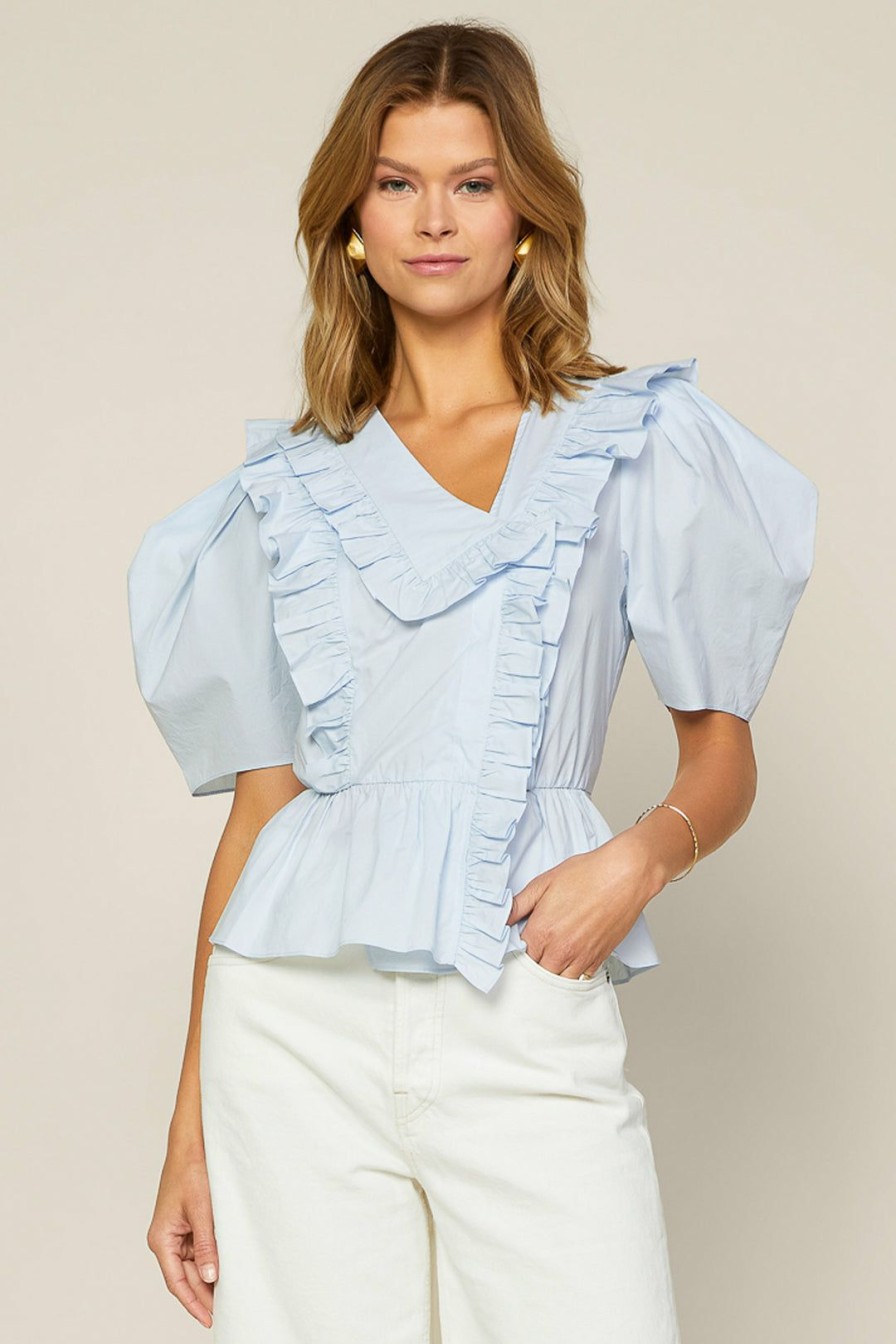 Clothing Skies Are Blue | Skies Are Blue New In Clothing Ruffled Collar Peplum Top Ice Blue