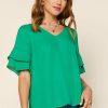 Clothing Skies Are Blue | Skies Are Blue Tiered Sleeve V Neck Blouse Tops Green