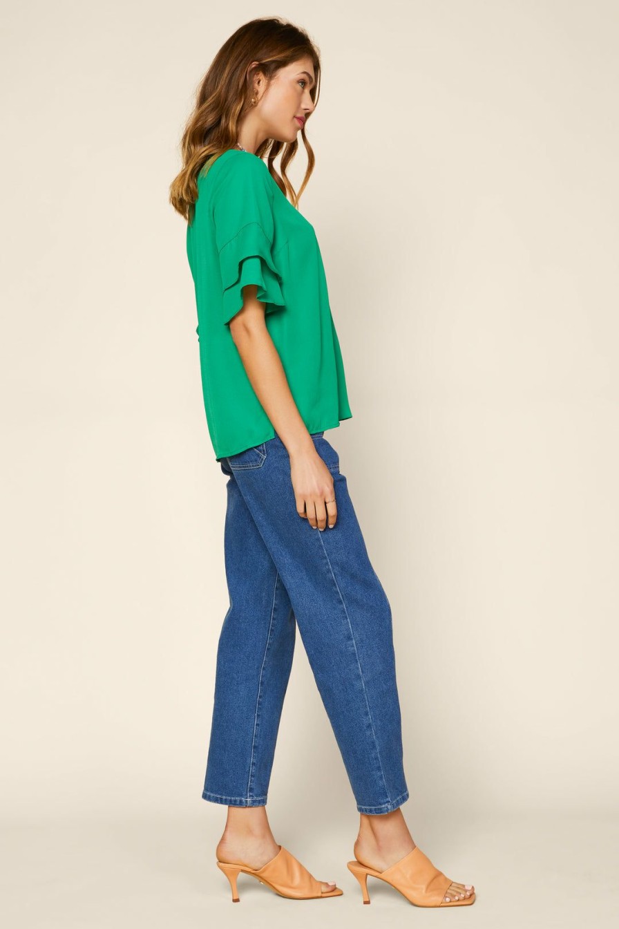 Clothing Skies Are Blue | Skies Are Blue Tiered Sleeve V Neck Blouse Tops Green