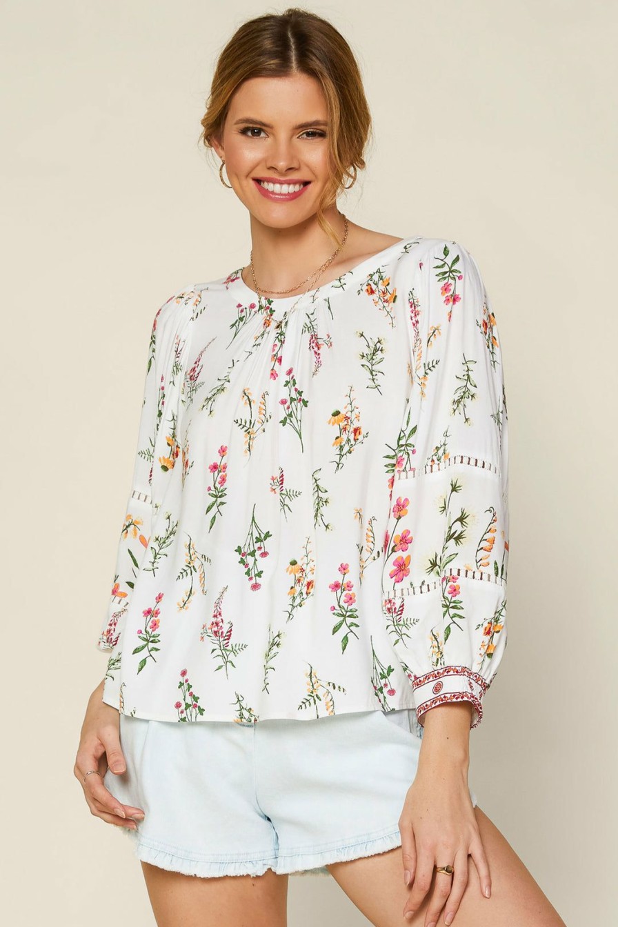 Clothing Skies Are Blue | Skies Are Blue Floral Border Print Top Ivory Red