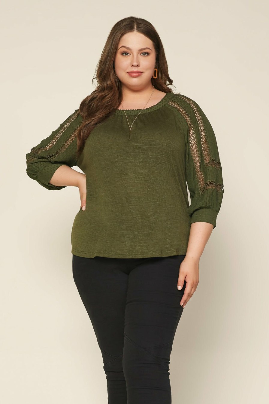 Plus Size Skies Are Blue | Skies Are Blue Plus Size Crochet Trim Knit Top Olive