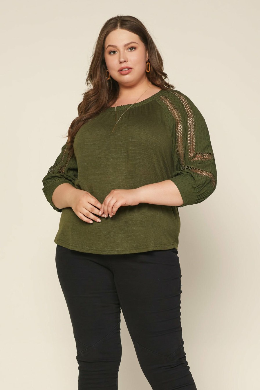 Plus Size Skies Are Blue | Skies Are Blue Plus Size Crochet Trim Knit Top Olive