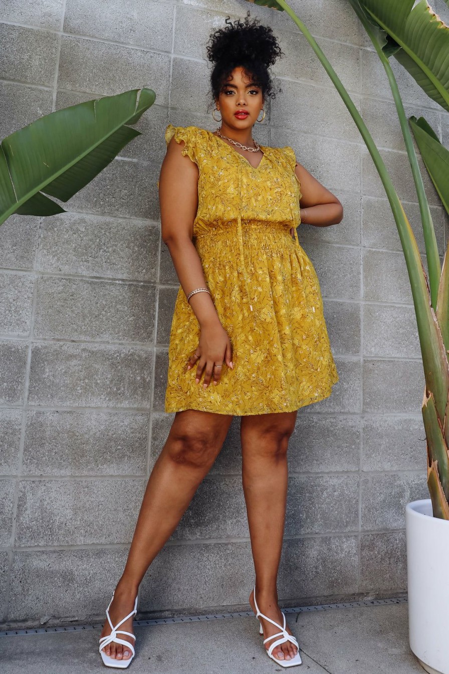 Plus Size Skies Are Blue | Skies Are Blue Plus Size River Floral Ruffle Dress Clothing Mustard