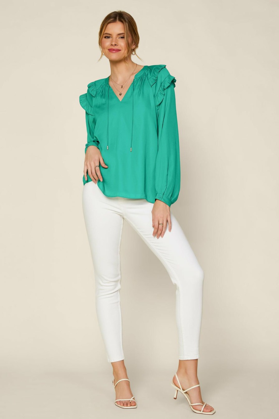 Clothing Skies Are Blue | Skies Are Blue Tops Adele Ruffled Split Neck Top Kelly-Green