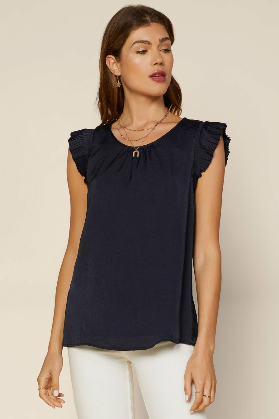 Clothing Skies Are Blue | Skies Are Blue Clothing Pleated Short Sleeve Top Navy