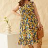 Plus Size Skies Are Blue | Skies Are Blue Plus Size Alyssa Floral Back Tie Dress Cobalt Blue Yellow