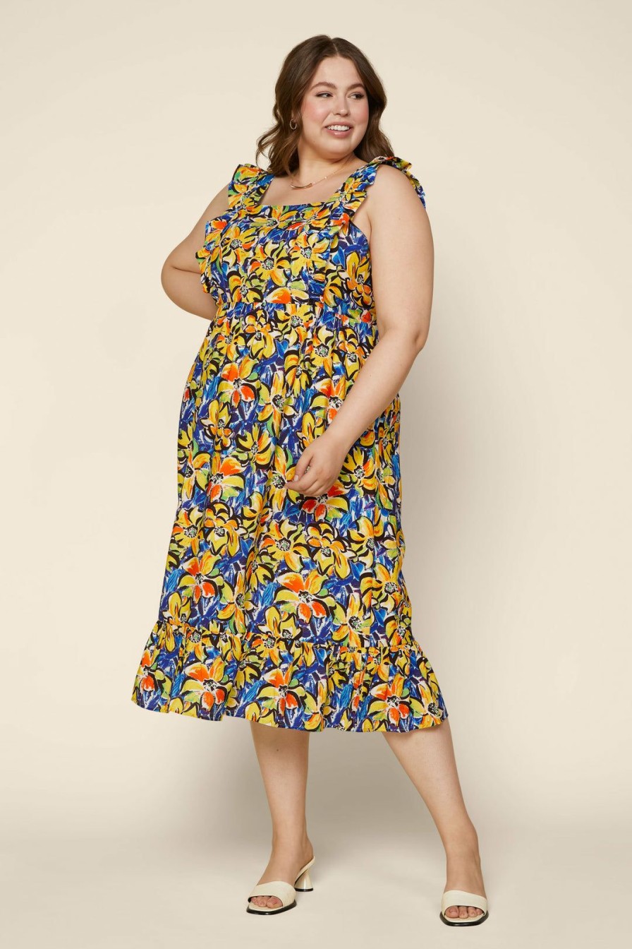 Plus Size Skies Are Blue | Skies Are Blue Plus Size Alyssa Floral Back Tie Dress Cobalt Blue Yellow