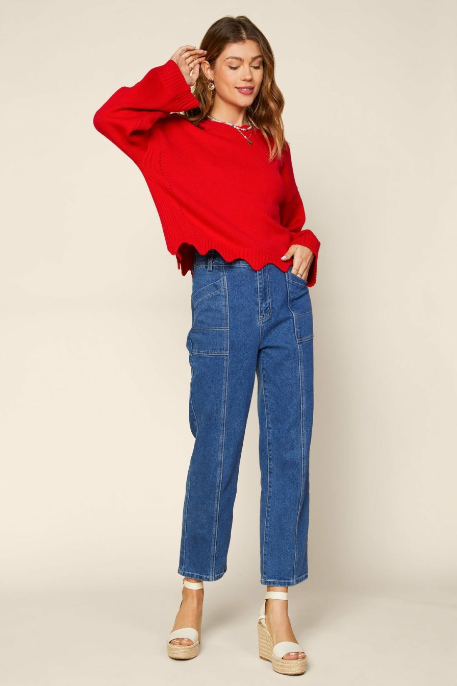 Clothing Skies Are Blue | Skies Are Blue Clothing Raya Scallop Trimmed Sweater Fiery Red