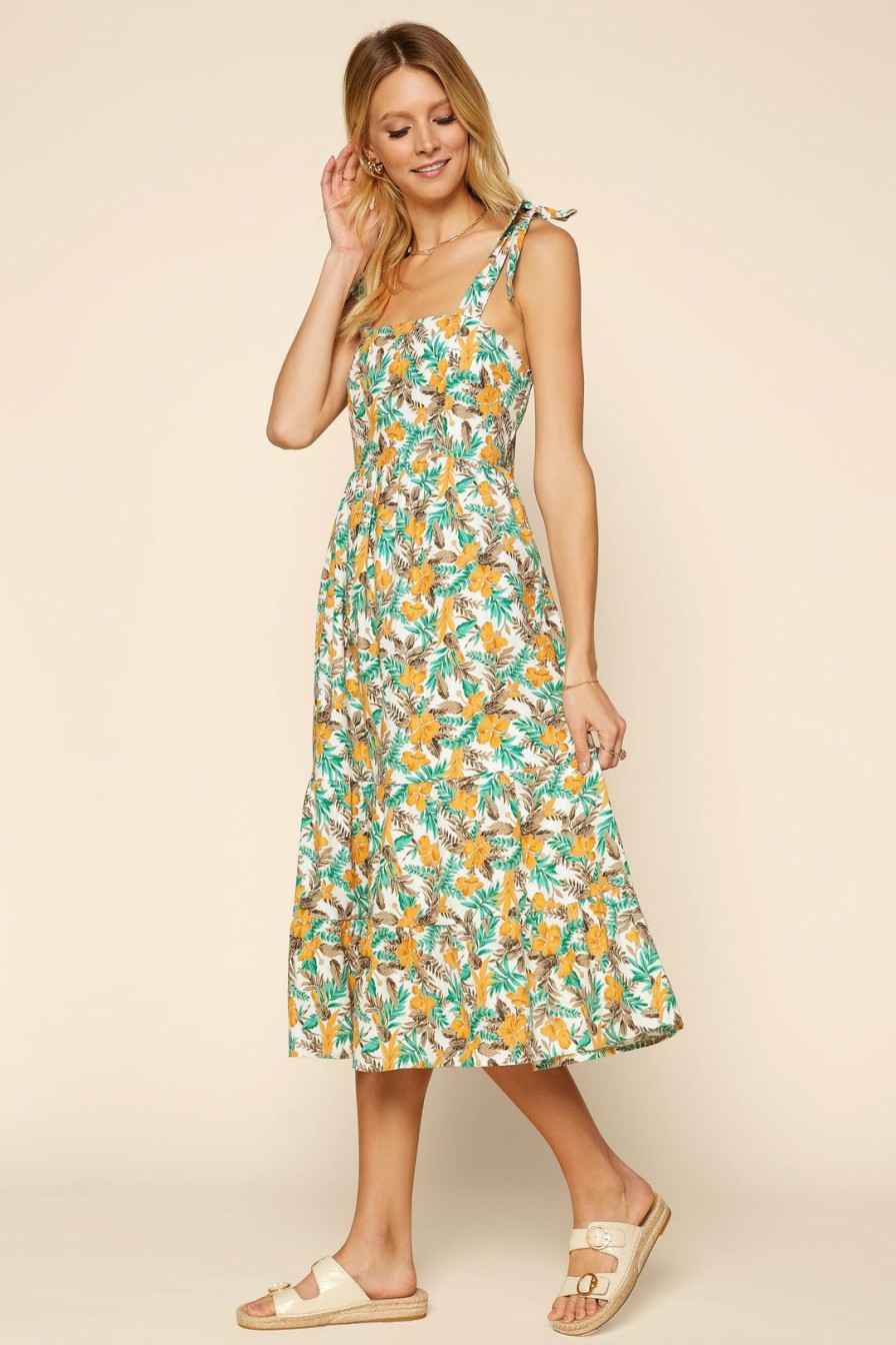 Clothing Skies Are Blue | Skies Are Blue Tropical Tie Shoulder Dress Clothing Marigold-Teal