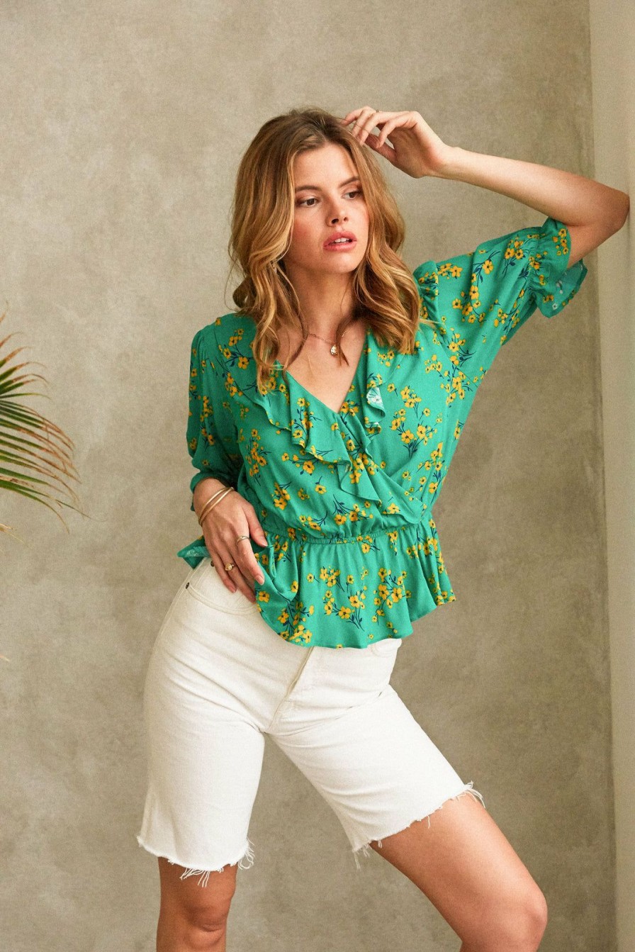 Clothing Skies Are Blue | Skies Are Blue Floral Wrap Top Green Yellow