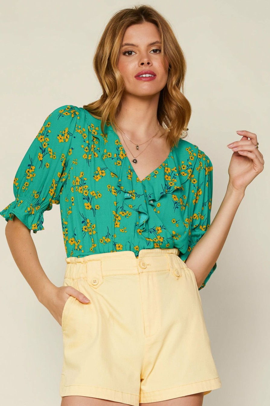 Clothing Skies Are Blue | Skies Are Blue Floral Wrap Top Green Yellow