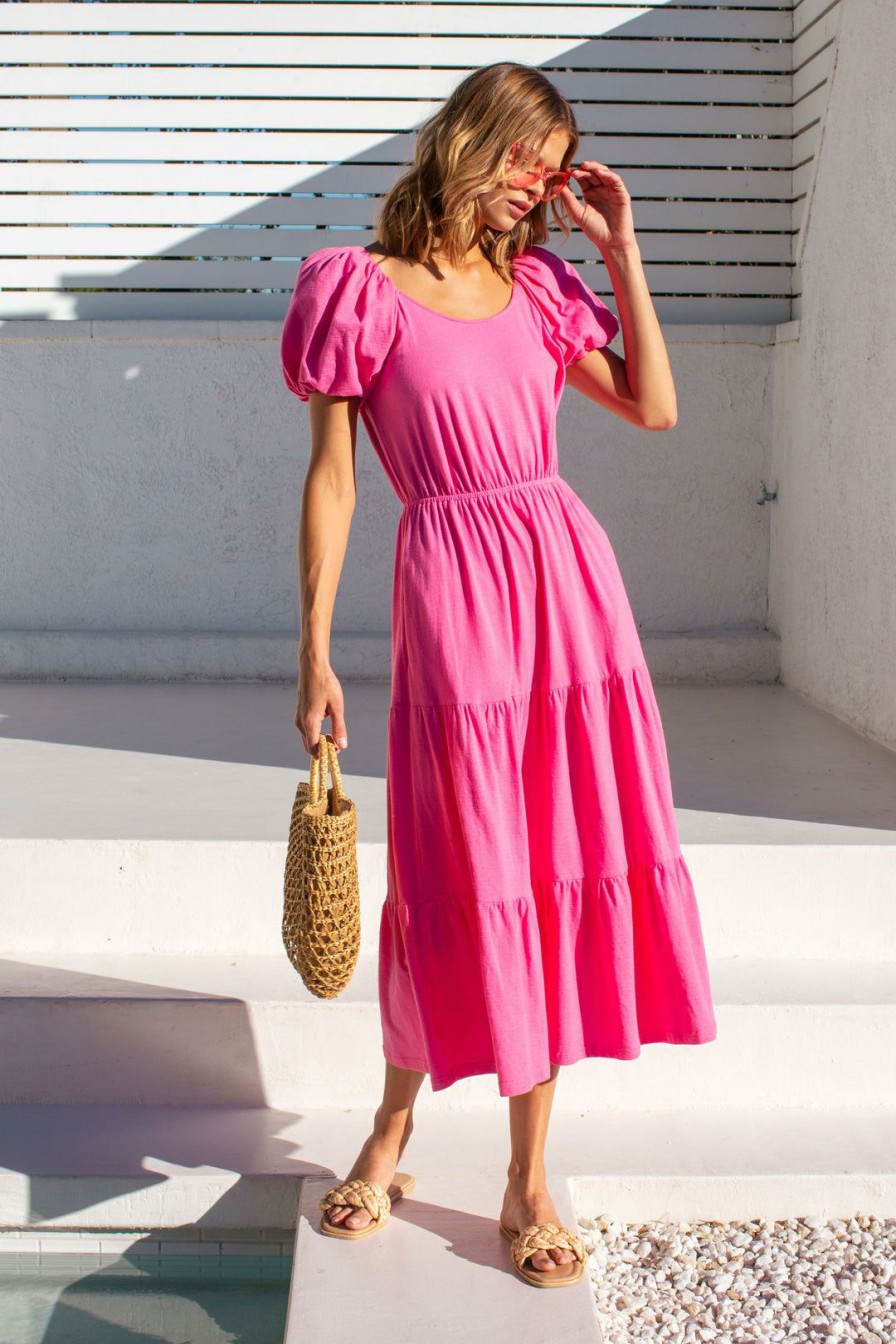 Clothing Skies Are Blue | Skies Are Blue Puff Sleeve Midi Dress New In Clothing Pink