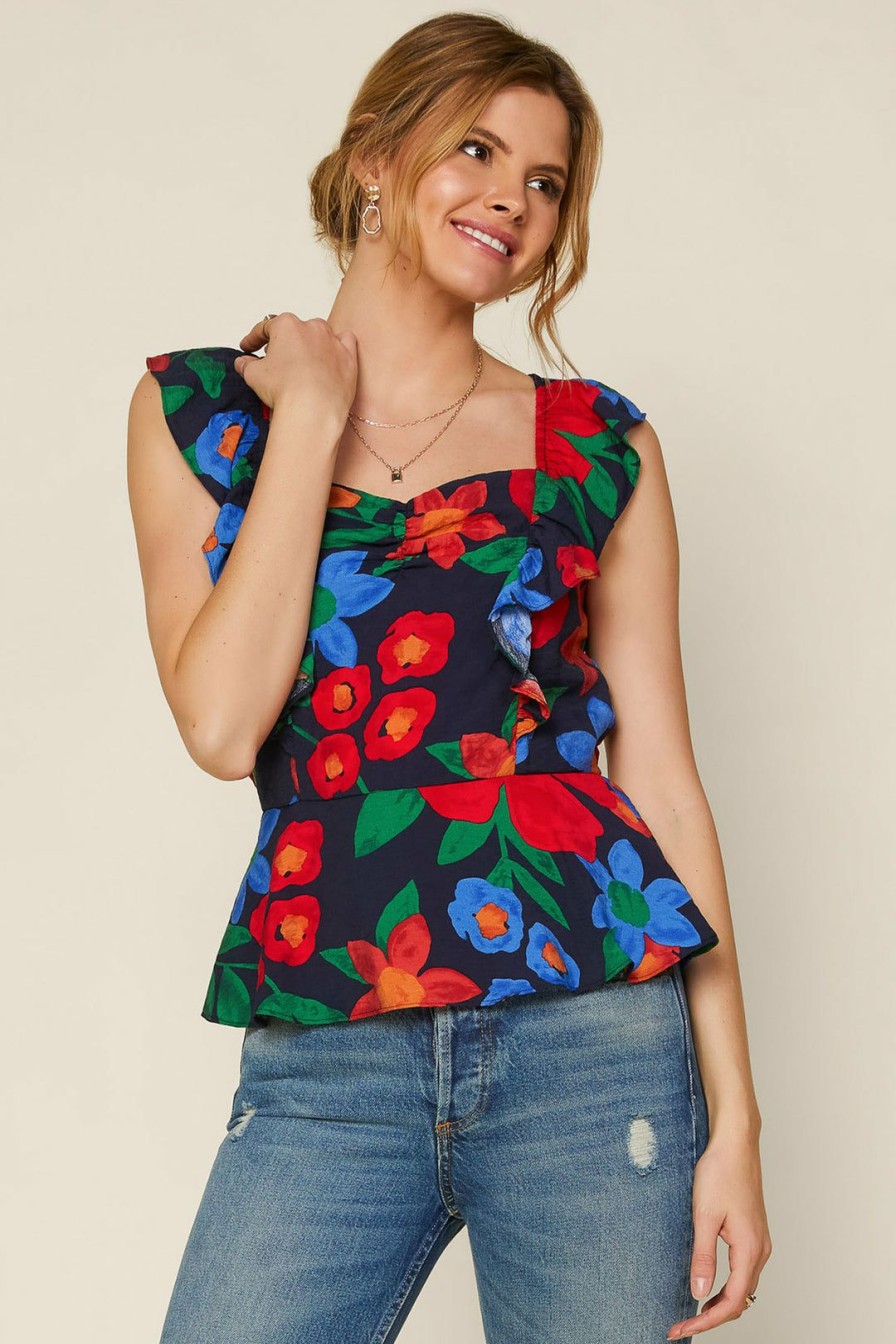 Clothing Skies Are Blue | Skies Are Blue New In Clothing Luna Floral Peplum Top Navy Blue