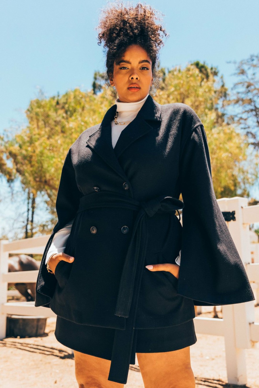 Plus Size Skies Are Blue | Skies Are Blue Clothing Plus Size Kenzie Belted Cape Coat Black