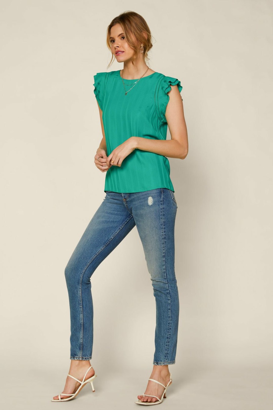 Clothing Skies Are Blue | Skies Are Blue Tops Striped Jacquard Ruffled Top Kelly-Green