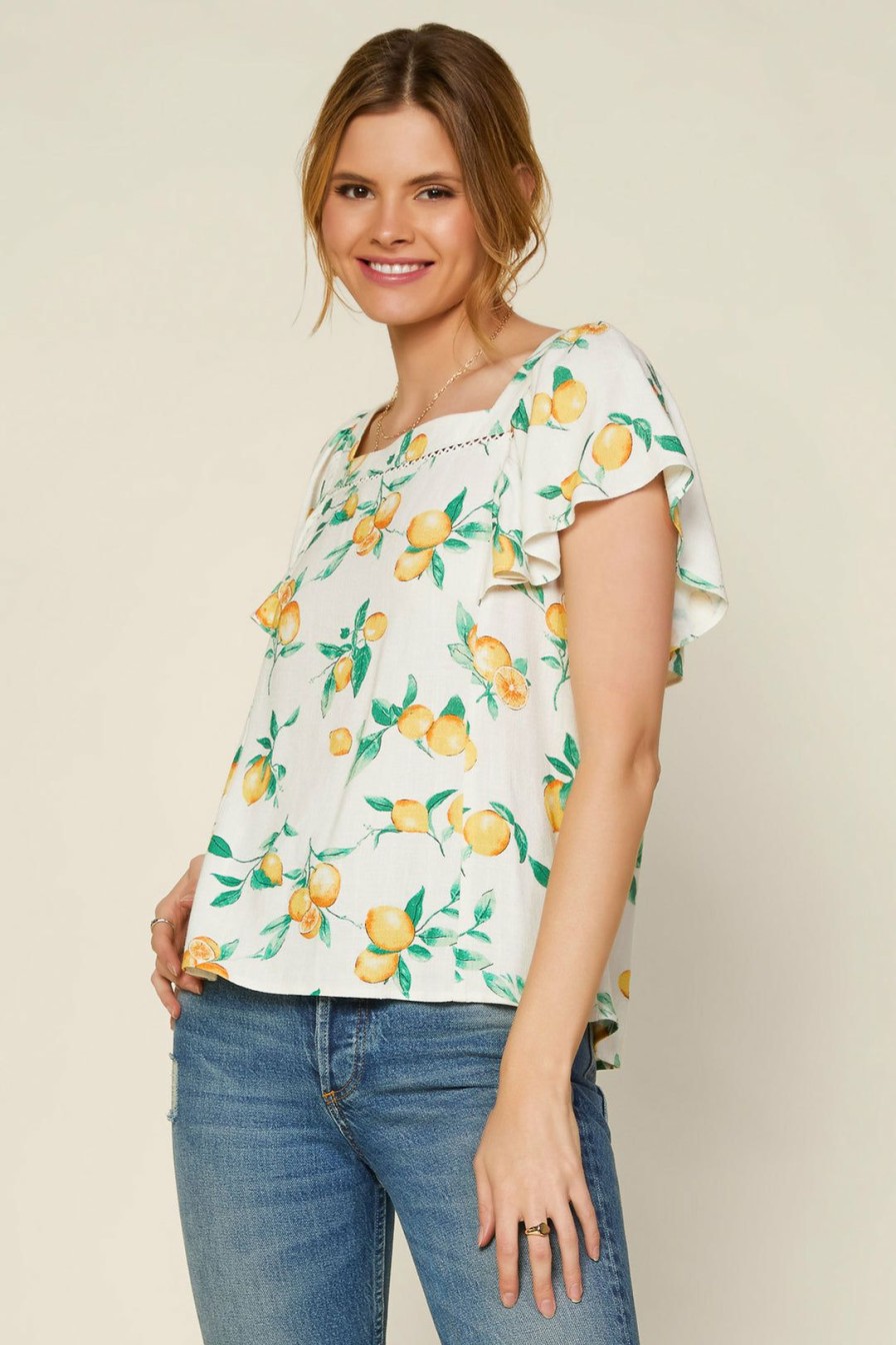 Clothing Skies Are Blue | Skies Are Blue Lemon Print Ruffled Top Yellow Green