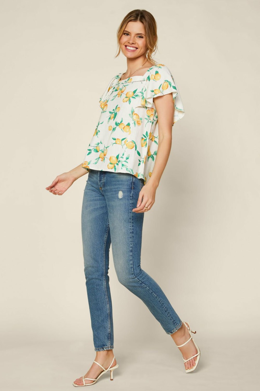 Clothing Skies Are Blue | Skies Are Blue Lemon Print Ruffled Top Yellow Green