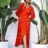 Clothing Skies Are Blue | Skies Are Blue Daisy Wrap Midi Dress Clothing Coral Red