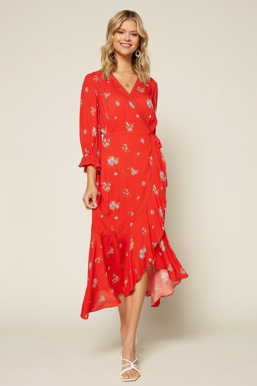 Clothing Skies Are Blue | Skies Are Blue Daisy Wrap Midi Dress Clothing Coral Red