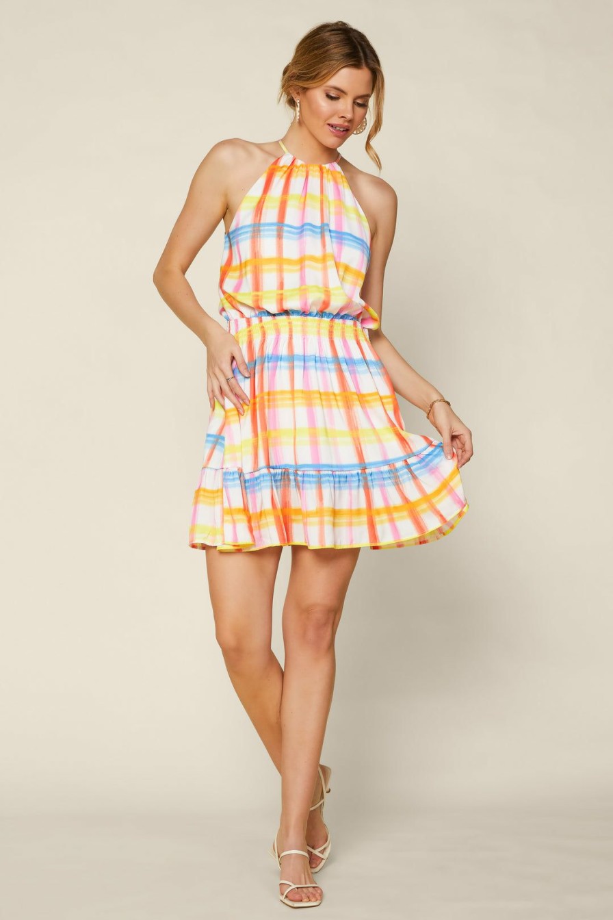 Clothing Skies Are Blue | Skies Are Blue New In Clothing Multi Plaid Halter Dress Yellow Blue Plaid