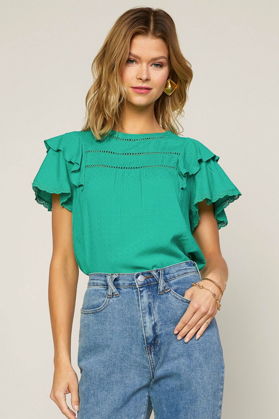 Clothing Skies Are Blue | Skies Are Blue Ruffled Lace Detailed Top Kelly-Green