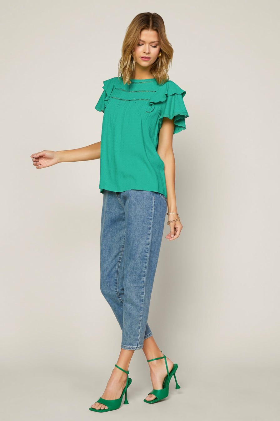 Clothing Skies Are Blue | Skies Are Blue Ruffled Lace Detailed Top Kelly-Green