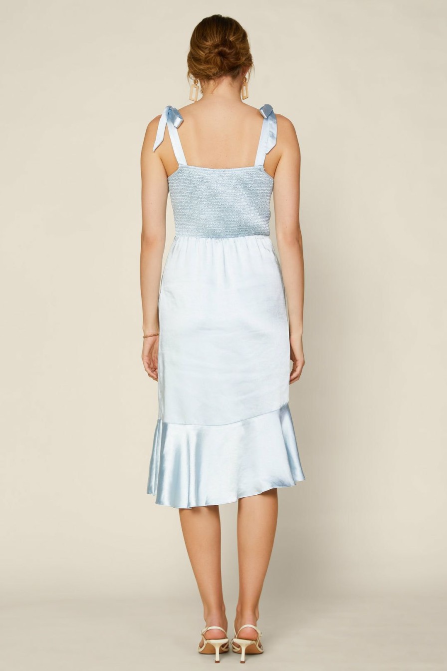 Clothing Skies Are Blue | Skies Are Blue Satin Shoulder Tie Midi Dress New In Clothing Sky Blue